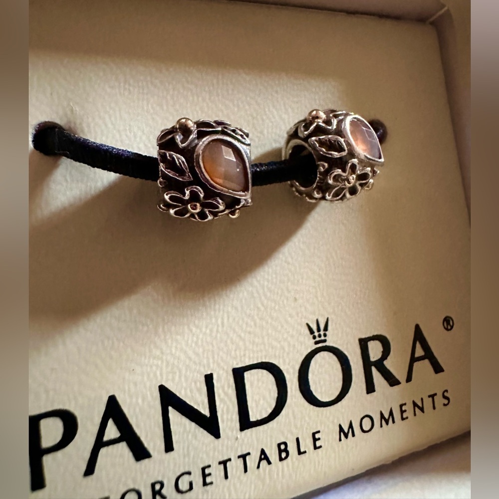 RARE‼️Authentic PANDORA Dew Drops Silver 14k Gold Orange Moonstone Onyx Charm‼️ - Picture 2 of 4